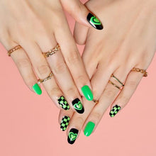 Load image into Gallery viewer, Press on Green Nails Medium Short Almond, Neon Green Acrylic Oval Fake Nails with Checkerboard Design Stick Glue on Nails 24PCS Reusable False Nail Tips with 48Pcs Adhesive Tabs Nail File, Cuticle Stick, Gift for Girlfriend/Women GLAMERMAID