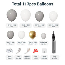 Load image into Gallery viewer, 113pcs Grey Balloon Arch Kit with Air Pump, Balloon Garland with White Gold Grey Balloons, Wall Hooks, Knotter for Birthday, Wedding, Engagement, Baby Shower, Bridal Shower and Party Decorations