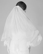 Load image into Gallery viewer, Wedding Bridal Veil with Comb 2 Tier Pencil Scalloped Edge Fingertip Length 34" Ivory