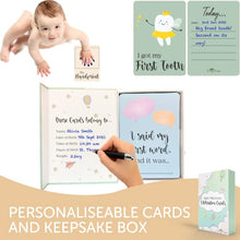 Load image into Gallery viewer, Tiny Trees Baby Milestone Cards and Stickers in Keepsake Gift Box - 49 Baby Moment Cards Plus 18 Easy Peel Stickers - Baby Shower Gifts for Mum New Parent Pregnancy Newborn Baby Gift Boy Girl