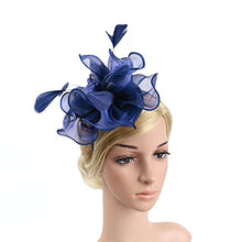 Load image into Gallery viewer, Fascinator Hat Feather Mesh Net Veil Party Hat Ascot Hats Flower Derby Hat with Clip and Hairband for Women (G1-DARKBLUE)(Size:L)