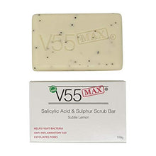 Load image into Gallery viewer, V55 MAX Salicylic Acid, Tea Tree Oil and Sulphur Soap Scrub for Spots Blackheads Milia Blemishes Problem Skin Suitable and Safe for those Prone to Acne - Paraben and Cruelty FREE - 100 grams