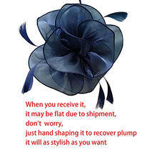 Load image into Gallery viewer, Fascinator Hat Feather Mesh Net Veil Party Hat Ascot Hats Flower Derby Hat with Clip and Hairband for Women (G1-DARKBLUE)(Size:L)