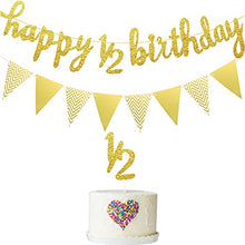 Load image into Gallery viewer, 6 Months Banner Happy Birthday Banner Happy 1/2 Birthday Banner Glitter 1/2 Half Year Cake Topper Triangle Flag Banner for Half Year Baby Shower Birthday Party Decoration, Pre-Strung (Gold)