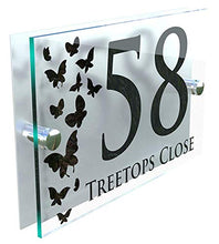 Load image into Gallery viewer, MODERN DECORATIVE BUTTERFLIES HOUSE SIGN PLAQUE DOOR NUMBER STREET GLASS EFFECT ACRYLIC ALUMINIUM NAME DECA5-28B-S-C-B1