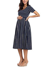 Load image into Gallery viewer, Love2Mi Womens Short-Sleeve Maternity Dress Casual A-Line Midi Pregnant Dress Navy White Stripe L
