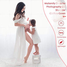 Load image into Gallery viewer, FEOYA Maternity Dress Lace Chiffon Dress for Photos Shoot Front Split Off Shoulder Maxi Dress for Pregnant Women White Size M