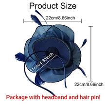 Load image into Gallery viewer, Fascinator Hat Feather Mesh Net Veil Party Hat Ascot Hats Flower Derby Hat with Clip and Hairband for Women (G1-DARKBLUE)(Size:L)