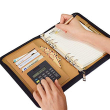 Load image into Gallery viewer, Gift for Men,SAYEEC A5 Executive Conference Folder Travel Portfolio Ringbinder Folio Zip Around PU Leather Loose Leaf Refillable Lined Paper Business Notebook Zipped Organiser with Calculator(Brown)