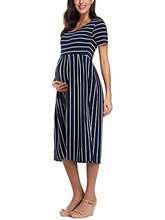 Load image into Gallery viewer, Love2Mi Womens Short-Sleeve Maternity Dress Casual A-Line Midi Pregnant Dress Navy White Stripe L