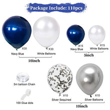 Load image into Gallery viewer, GRESAHOM Balloon Arch Kit Garland, Navy Blue Balloon Decoration Set, 100pcs Blue White Silver Latex Balloons 10pcs Confetti Balloons for Boys Men Birthday Party Decorations, Baby Shower, Wedding