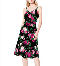 Load image into Gallery viewer, Women Sleeveless Beach Dress Summer Cross V Neck Adjustable Spaghetti Rose Straps Bohemia Floral Flared Swing Dress with Pockets Black L