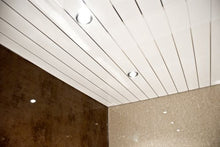 Load image into Gallery viewer, Bathroom Cladding 5mm WALL PANEL & CEILING PANEL WHITE WITH 2 SILVER STRIP ATTACHED Tongue and Grooved Ideal for your bath/shower walls going over tiles and on your ceiling 100% waterproof