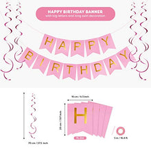 Load image into Gallery viewer, Girls Birthday Decorations | Pre-Assembled Happy Birthday Bunting Banner, Paper Pom Poms, Balloons | Pink Birthday Decoration | Birthday Banners for Girls and Women | Pink White Party Pack