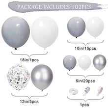 Load image into Gallery viewer, Silver Grey White Balloon Arch Kit - 105 Pcs - Easy to Assemble Helium Balloon Arch Kit with Accessories - White Confetti Birthday Decorations and Wedding Party and Kids Shower Party Balloon
