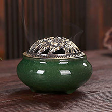 Load image into Gallery viewer, Ruilasago Ceramic Incense Burner with Brass Calabash Incense Stick Holder Porcelain Charcoal Censer Copper Alloy Cover Cone Coil Smoke Censer (Dark Green)