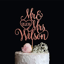 Load image into Gallery viewer, Mr & Mrs Wedding Cake Topper with Last name and Date, Elegant Custom Mr and Mrs Cake Topper, Personalised cake topper also available in Rose Gold, Gold, Silver or Champagne Glitter