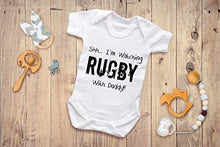 Load image into Gallery viewer, Reality Glitch Shh.. I'm Watching Rugby with Daddy Babygrow Funny Newborn Gift (6-12 Months, White)