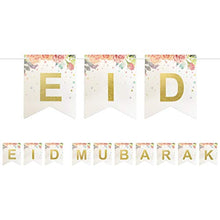 Load image into Gallery viewer, Eid Mubarak Card Hanging Bunting Banner Decoration - White Floral Gold Letter 2m