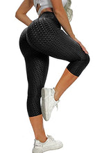 Load image into Gallery viewer, RIOJOY Capri Sports Leggings for Women Ruched Butt Honeycomb Texture 3/4 Length Cropped Running Tights, Black ,M