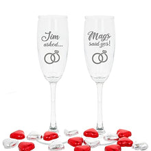 Load image into Gallery viewer, Personalised Engraved Engagement Set of 2 Champagne Flute Glass Set Asked Said Yes with Names Congratulations on Your Engagement Gift (Filled with Chocolate Hearts)