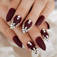 Load image into Gallery viewer, EchiQ 3D Shinning Rhinestones Matte Burgundy Stiletto Fake Nails Oval Almond Pointed Frosted Press on Designs False Wear Nail
