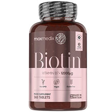 Load image into Gallery viewer, Biotin Hair Growth Supplement 12000mcg - 365 Biotin Tablets (Vitamin B7) - 1 Year Supply - Skin Hair Nail Vitamins for Women & Men - Vegan Biotin Vitamins - Non-GMO & Gluten Free - Made in The UK