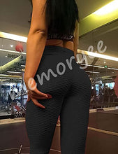 Load image into Gallery viewer, Memoryee Women's Honeycomb Waffle Leggings Ruched Butt Lift High Waisted Yoga Pants Chic Sport Tummy Control Gym Running Tights/Black/M