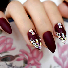 Load image into Gallery viewer, EchiQ 3D Shinning Rhinestones Matte Burgundy Stiletto Fake Nails Oval Almond Pointed Frosted Press on Designs False Wear Nail