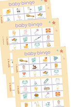 Load image into Gallery viewer, Baby Shower Games. 4 Games Party Pack: Bingo, Charades, Quiz, Trivia + Winners Certificate. Party supplies for 20 people.