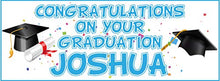 Load image into Gallery viewer, 2 Personalised Graduation Banners - Congratulations - Any Name - Any Message (Approx 3ft x 1ft) (Blue)