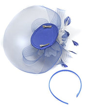 Load image into Gallery viewer, Feather Flower Fascinator Hat Veil Net Hair Clip Ascot Derby Races Wedding (Navy and Silver)