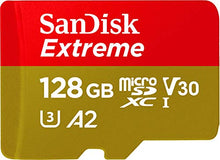 Load image into Gallery viewer, SanDisk Extreme 128 GB microSDXC Memory Card + SD Adapter with A2 App Performance + Rescue Pro Deluxe, Up to 160 MB/s, Class 10, UHS-I, U3, V30 , Red/Gold