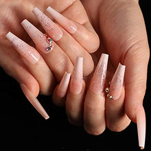 Load image into Gallery viewer, Brishow Coffin False Nails Nude Long Fake Nails Crystal Ballerina Acrylic Press on Nails Full Cover Stick on Nails 24pcs for Women and Girls