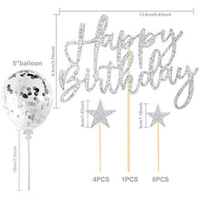 Load image into Gallery viewer, iZoeL Sliver Cake Decoration Confetti Balloon Cake Topper Sliver Happy Birthday Cake Topper Stars Heart Cupcake Topper for Women Man Boys Girls (silver)