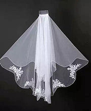 Load image into Gallery viewer, Wedding Bridal Veil with Comb 2 Tier Pencil Scalloped Edge Fingertip Length 34" Ivory