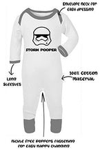 Load image into Gallery viewer, 'Storm Pooper' Fun Star Wars Inspired Baby Boy Girl Sleepsuit Made in the UK Using 100% Fine Combed Cotton (0-3 Months, White/Grey Trim)