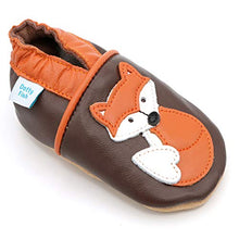 Load image into Gallery viewer, Dotty Fish Soft Leather Baby Shoes. Toddler Shoes. Boys and Girls. Non Slip. Brown Shoe with Fox. 0-6 Months (1 UK Child)