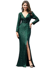 Load image into Gallery viewer, Ever-Pretty Women's Long Sleeve V Neck Floor Length Elegant Mermaid with Thigh High Slit Sequin Wedding Guest Dresses Dark Green 14UK