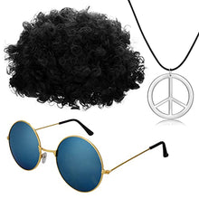 Load image into Gallery viewer, Dacitiery 3 Pcs Hippie Costume Set, Funky Afro Wig VintageSunglasses and Peace Sign Necklace Fancy Dress Hippy Accessories for60s/70s Theme Party( Black)