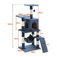 Load image into Gallery viewer, TUKAILAI Cat Tree 125cm Tall Sisal Cat Scratch Posts Multi-Level Cat Climbing Tower With Dangling Ball Condo, Hammock and Ladder, Indoor Pet Activity Furniture Play House for Kittens, Blue