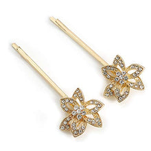 Load image into Gallery viewer, Avalaya 2 Bridal/Prom Clear Crystal Flower Hair Grips/Slides in Gold Tone - 65mm Across