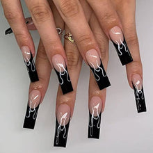 Load image into Gallery viewer, Vatocu Coffin False Nails Black French Falme Press on Nails Glitter Long Fake Nails Full Cover Bellarina Acrylic Stick on Nail for Women and Girls (24pcs)