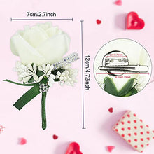Load image into Gallery viewer, JUNMEIDO 4 PCS Rose Wedding Boutonniere White Boutonniere Handmade Corsage Buttonhole Flowers Artificial Wedding Prom Banquet Flowers Decor with Pin&Clip for Groom Men Bridal Women Suit Dress
