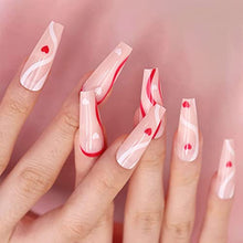 Load image into Gallery viewer, Glossy Pink Ballerina False Nails Long Coffin Press on Nails Full Cover Artificial Nails with Swirl Heart Design for Women and Daily Decoration 24PCS