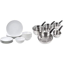 Load image into Gallery viewer, Amazon Basics 18-Piece Dinnerware Set - White Porcelain Coupe, Service for 6 & Morphy Richards Equip 5-Piece Pan Set - Stainless Steel