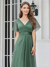 Load image into Gallery viewer, Ever-Pretty Women's V Neck Floor Length A Line Empire Wasit Short Sleeve Tulle Long Prom Dresses Green 8UK