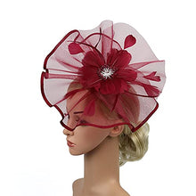 Load image into Gallery viewer, YILEEGOO Women Fascinators Hat Mesh Flower Feathers Hair Clip Hairpin Cocktail Wedding Tea Party Church Hairband (Burgundy, One Size)