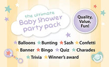 Load image into Gallery viewer, Baby Shower Decorations & Games Pack for Boys/Girls. Unisex Gold/Yellow Design Decos. Bingo + 3 Other Games & Full Set of Baby Shower Decorations - incl Mummy to be Sash, Bunting, Balloons & Confetti.