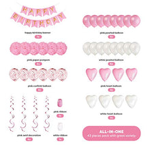 Load image into Gallery viewer, Girls Birthday Decorations | Pre-Assembled Happy Birthday Bunting Banner, Paper Pom Poms, Balloons | Pink Birthday Decoration | Birthday Banners for Girls and Women | Pink White Party Pack